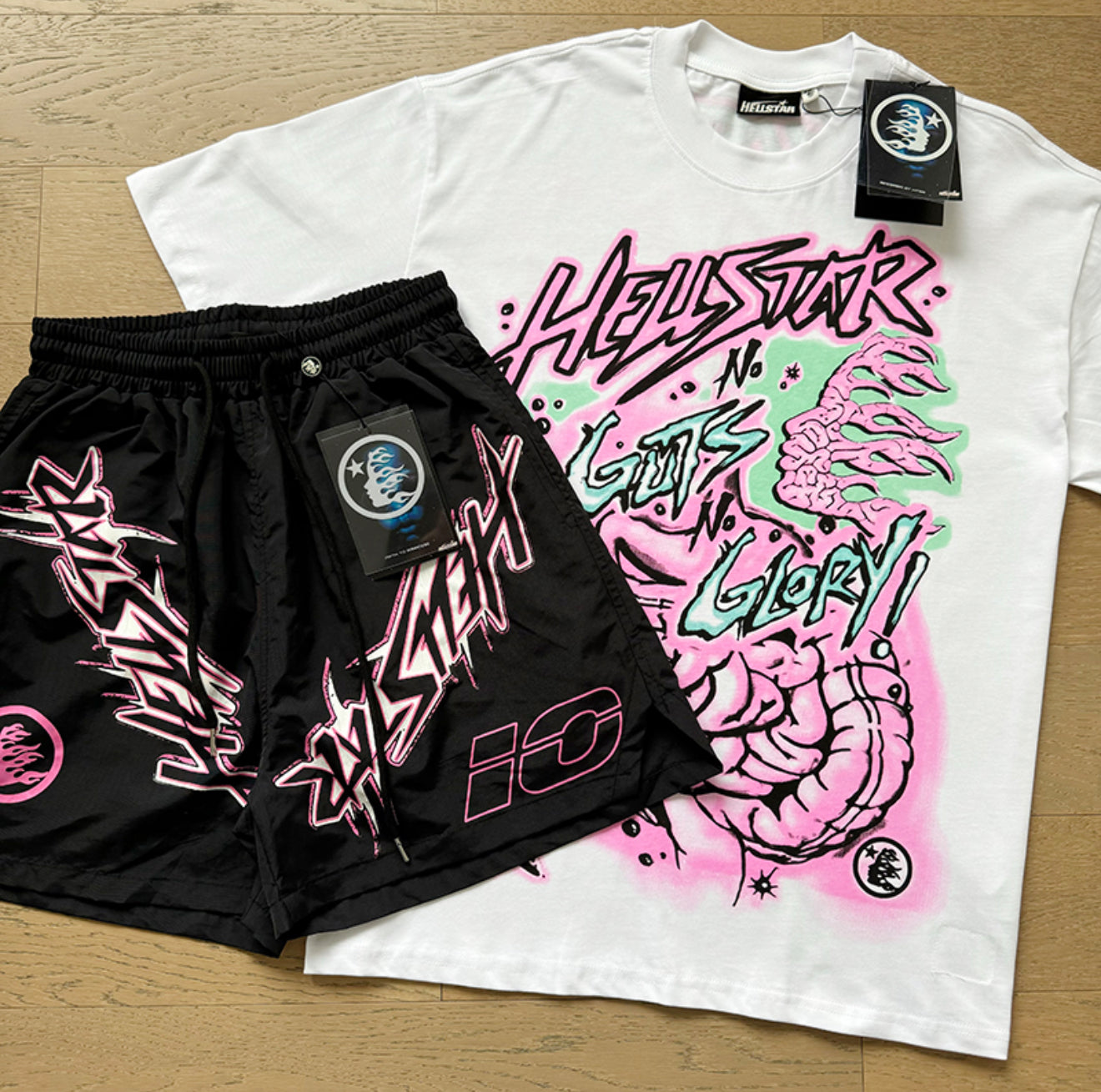 Hellstar “No Guts No Glory” Graphic Tee & Shorts Set – White/Pink/Black